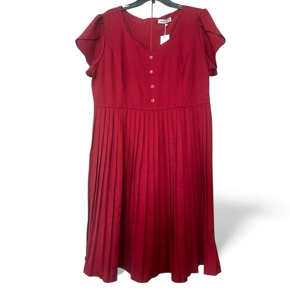 Burgundy Red Pleated Midi Dress Flutter Sleeves - Picture 3 of 11